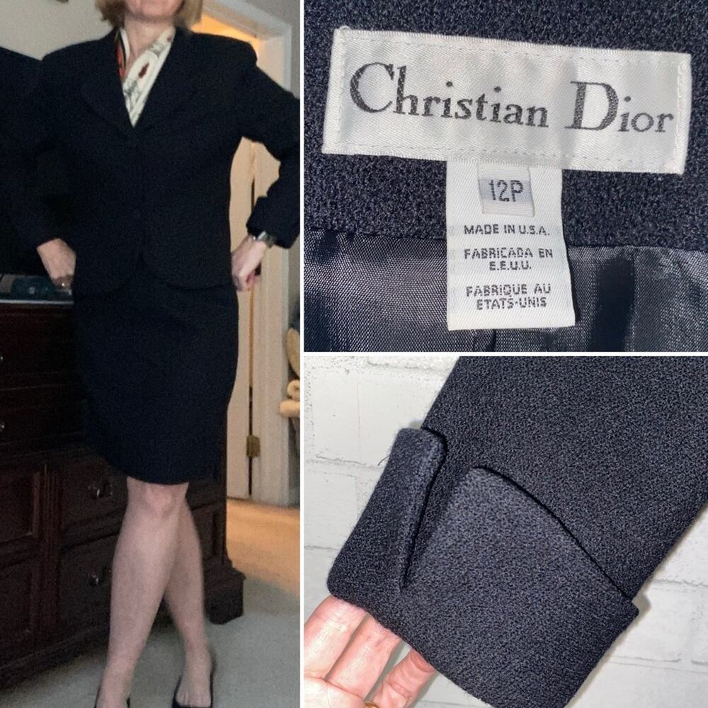 Christian Dior Vtg Black Womens Wool 2pc Suit Blazer & Skirt 12 P EUC